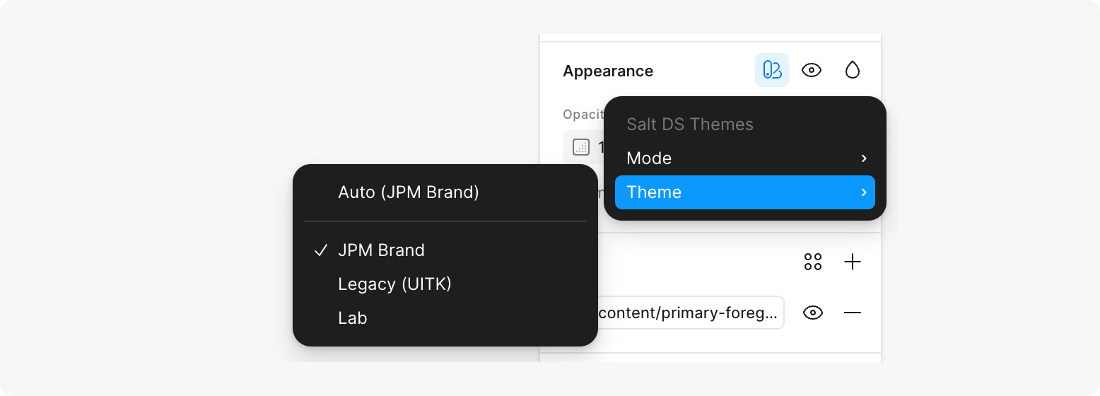 A screenshot showing the theme menu in Figma.